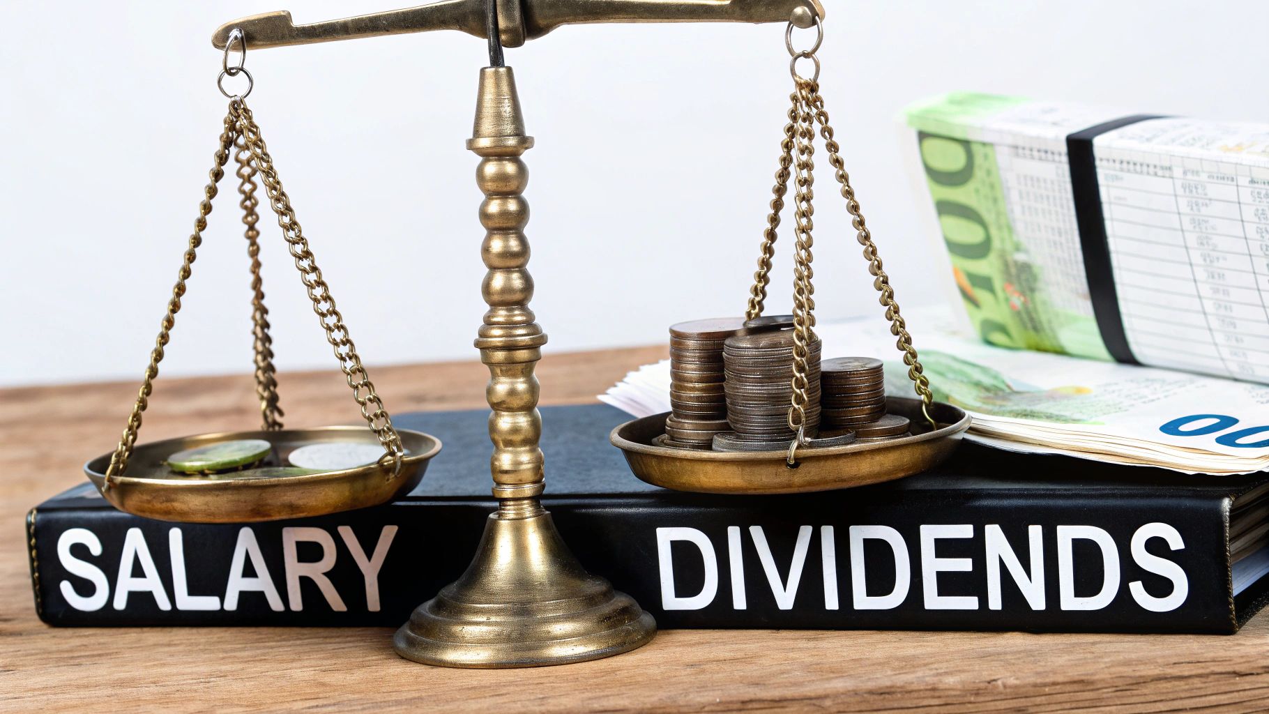 A close-up of a calculator, a pen, and financial documents on a desk, illustrating the core elements of salary, dividends, and tax.