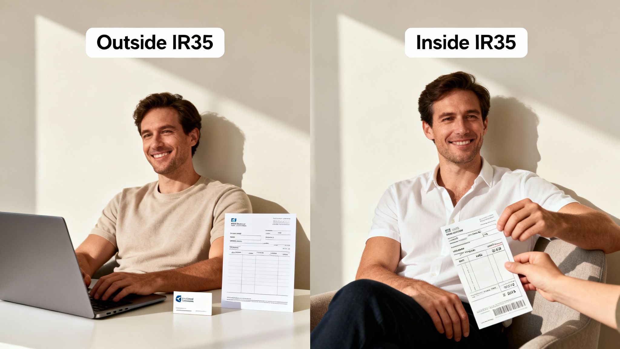 Smiling man illustrates IR35 differences: independent contractor versus receiving a managed payslip.