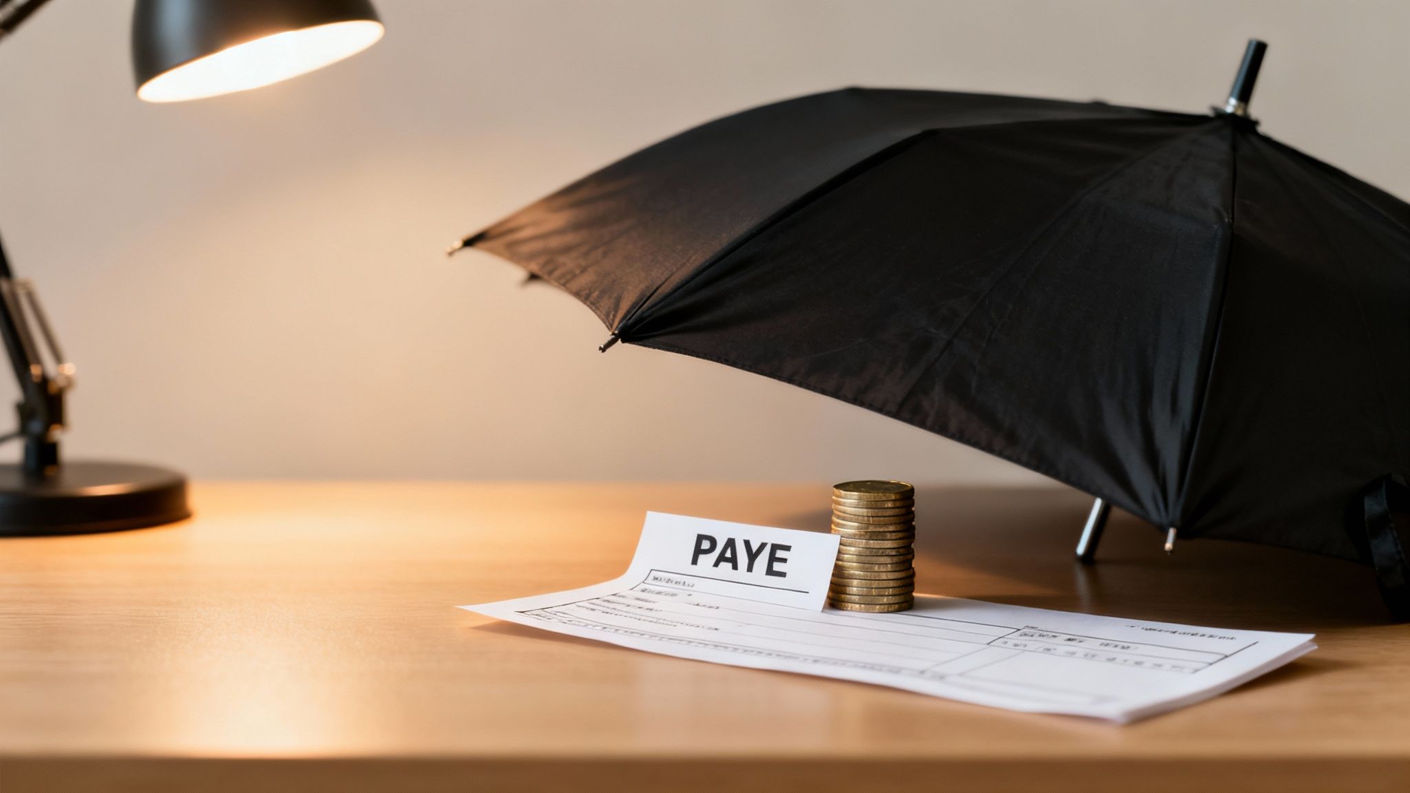 An open black umbrella protecting a stack of coins and a PAYE document on a wooden desk.