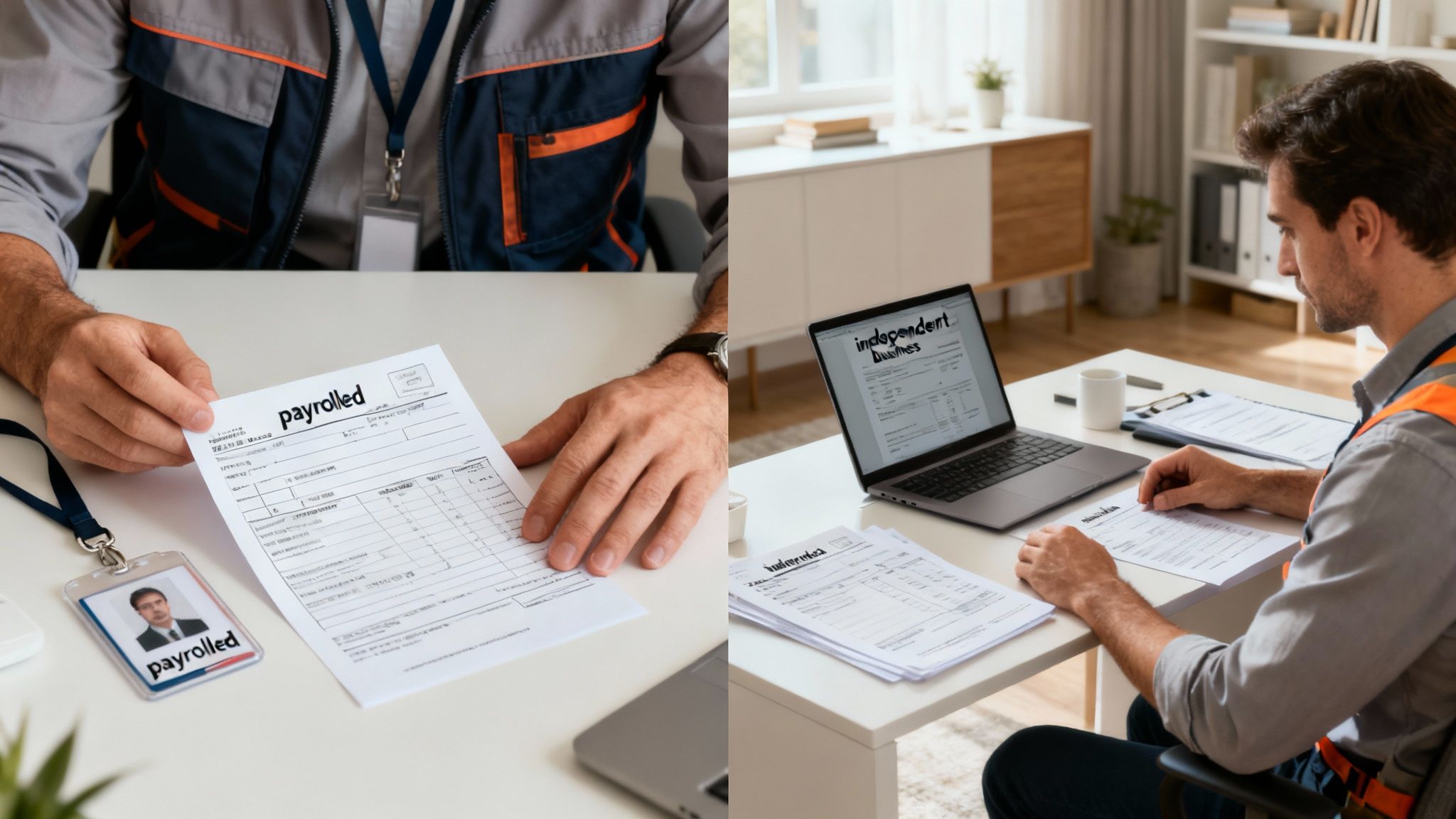 Two images comparing employment: one man is payrolled, the other an independent contractor.
