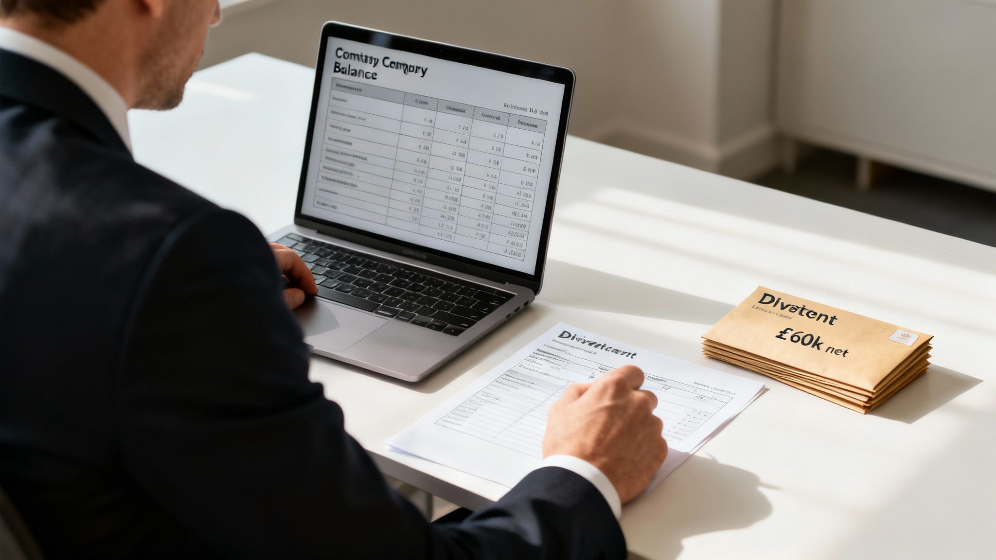 A man in a suit works on a laptop and reviews financial documents with envelopes showing '£60k net'.