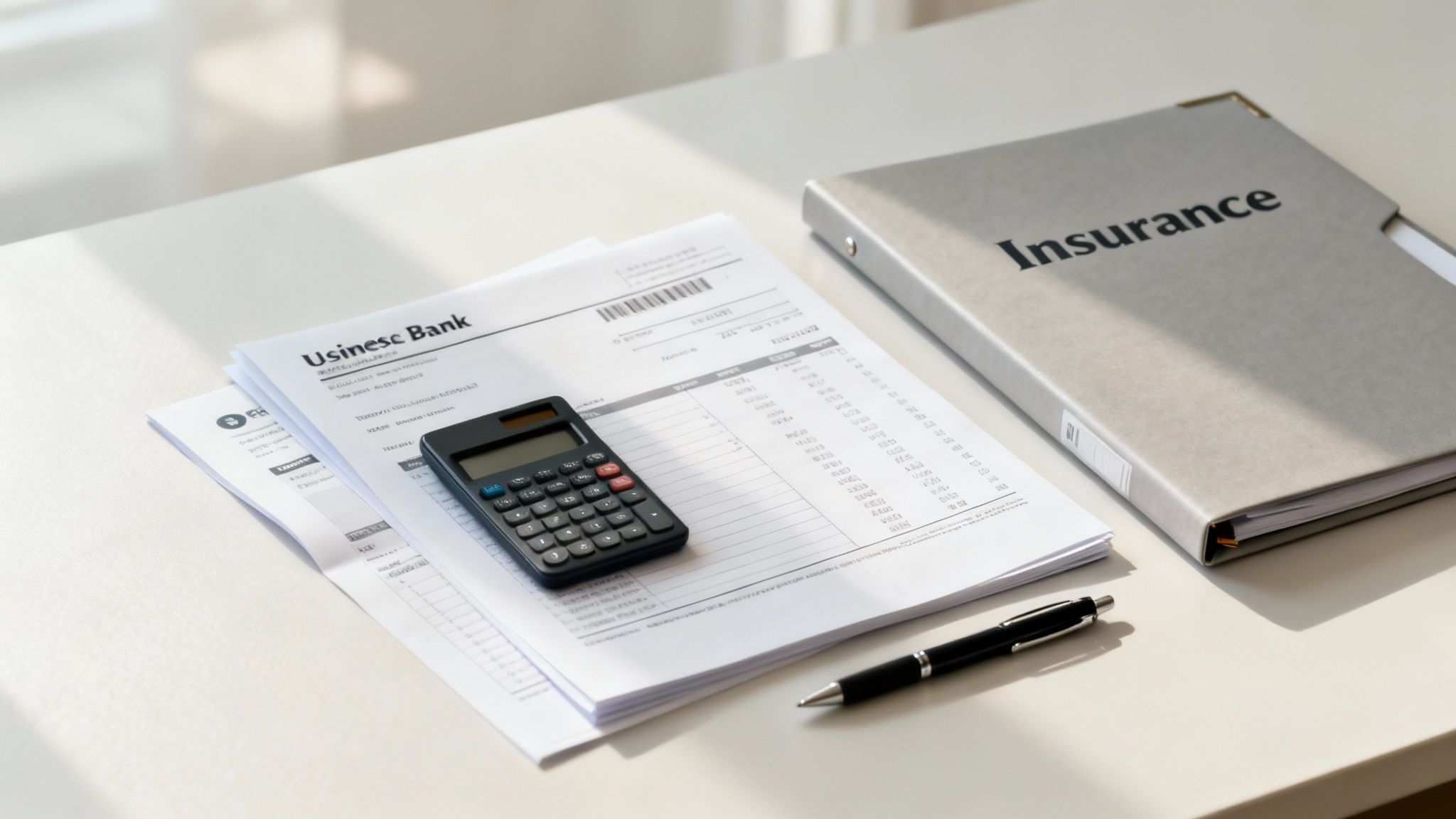 Financial documents, a calculator, a pen, and an 'Insurance' folder on a light desk.