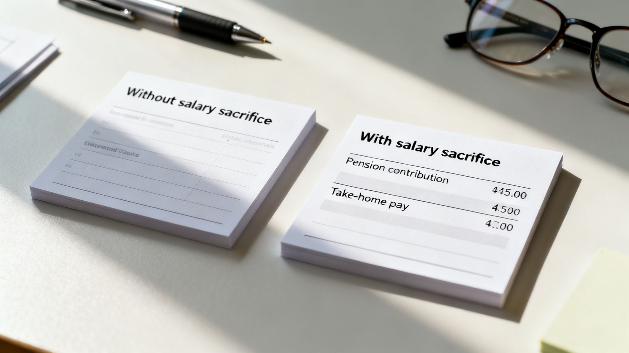 Two notes comparing salary calculations, one with and one without salary sacrifice for pension contributions.