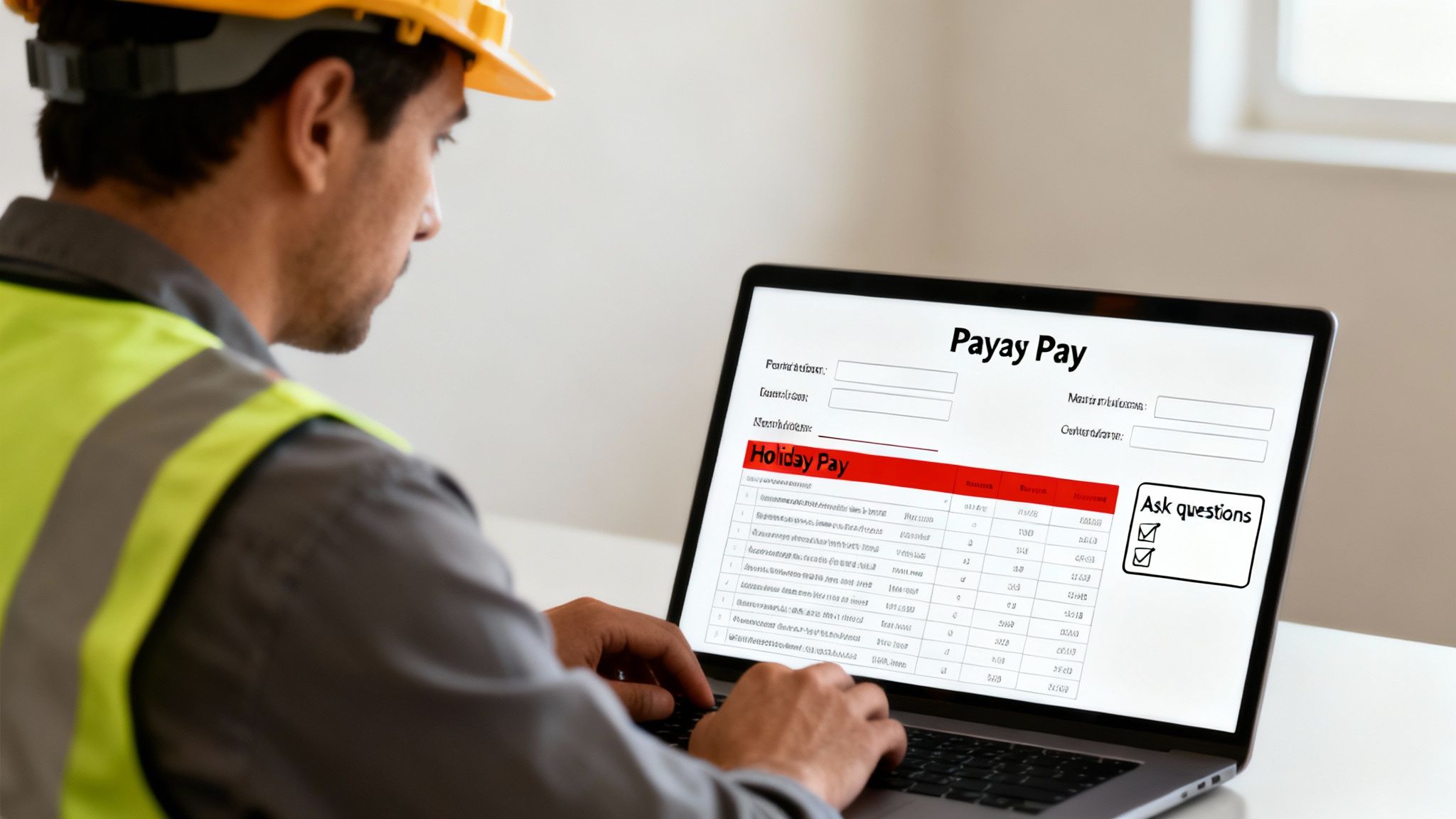 A construction worker in a hard hat reviews holiday pay details on a laptop.