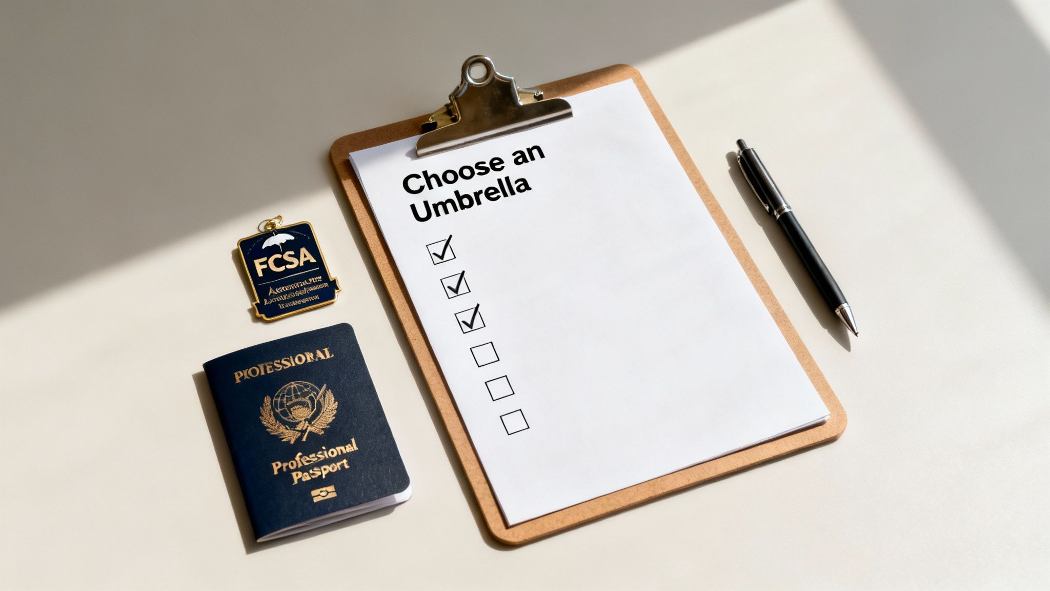 A clipboard with 'Choose an Umbrella' checklist, professional passport, FCSA badge, and pen.