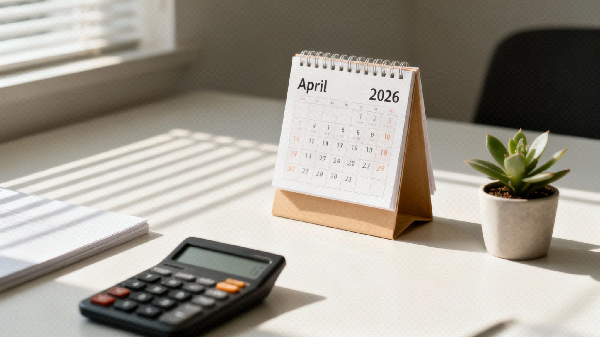 A brightly lit desk featuring an April 2026 calendar, a calculator, and a small potted plant.