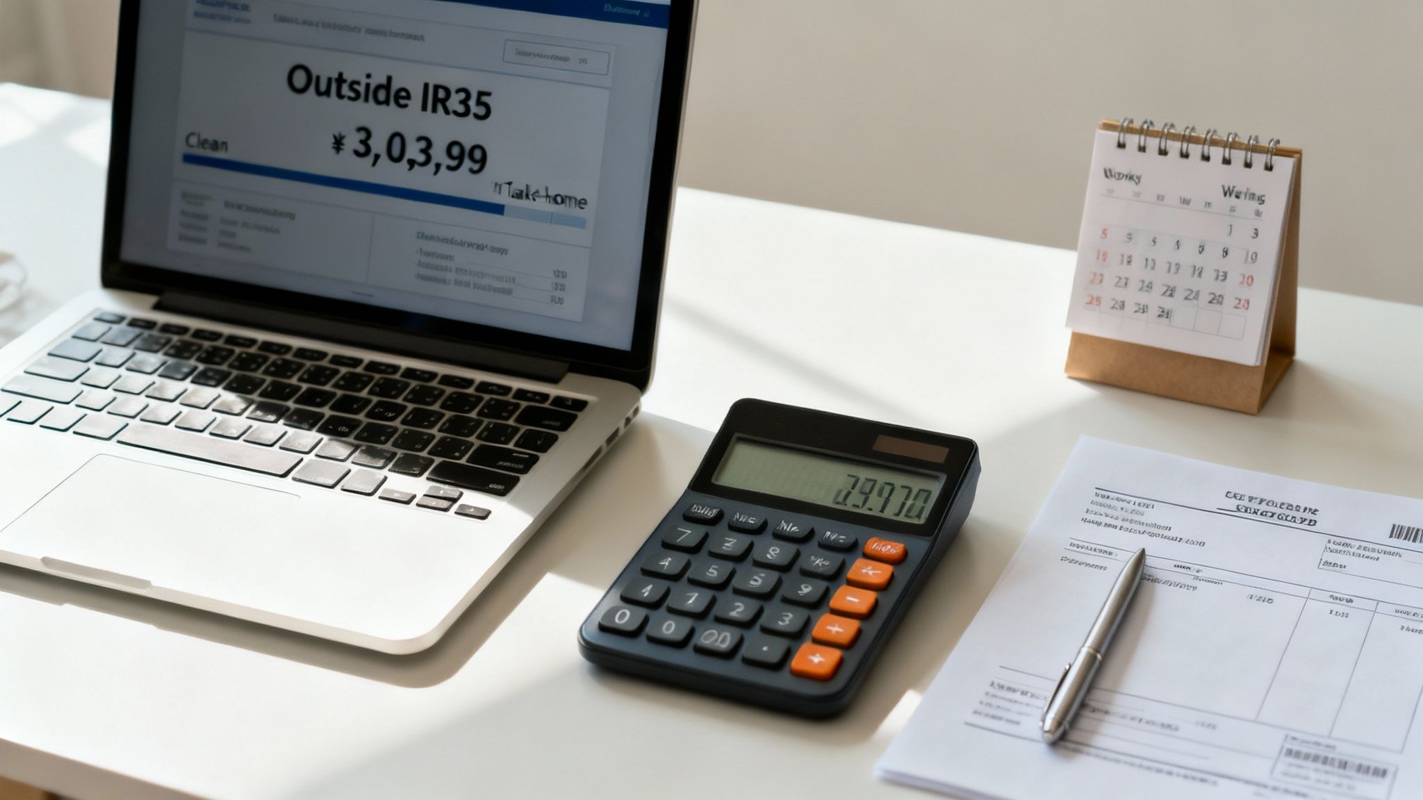 A desk with a laptop displaying 'Outside IR35' details, a calculator, calendar, and financial documents.