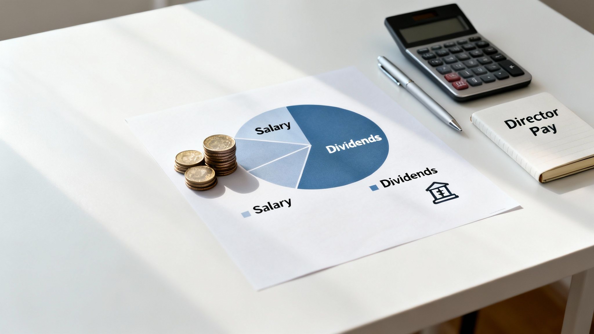 Pie chart illustrating 'Salary' and 'Dividends' with coins, a calculator, and a 'Director Pay' notebook.