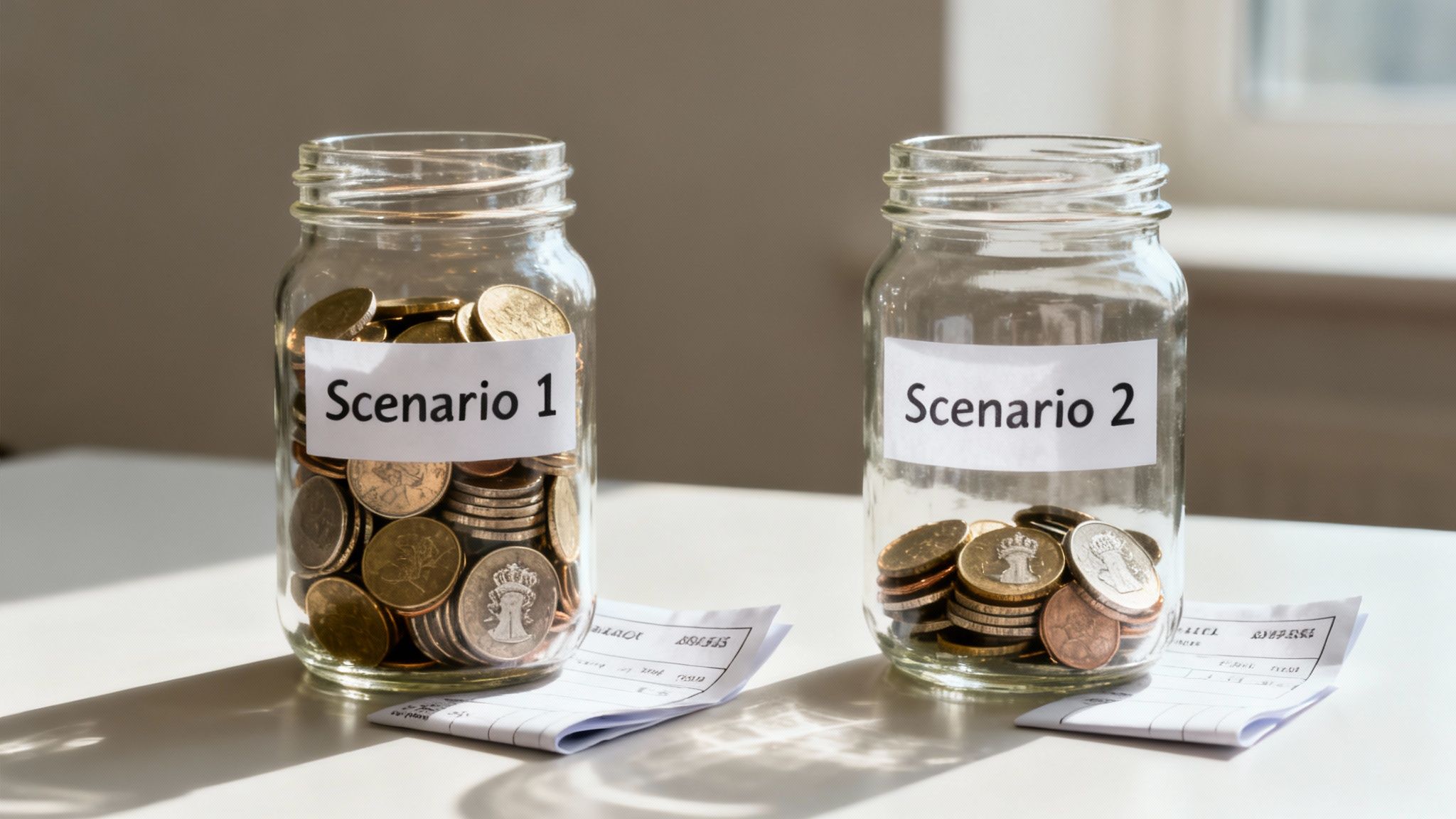 Two glass jars with coins, labeled 'Scenario 1' and 'Scenario 2', comparing savings.