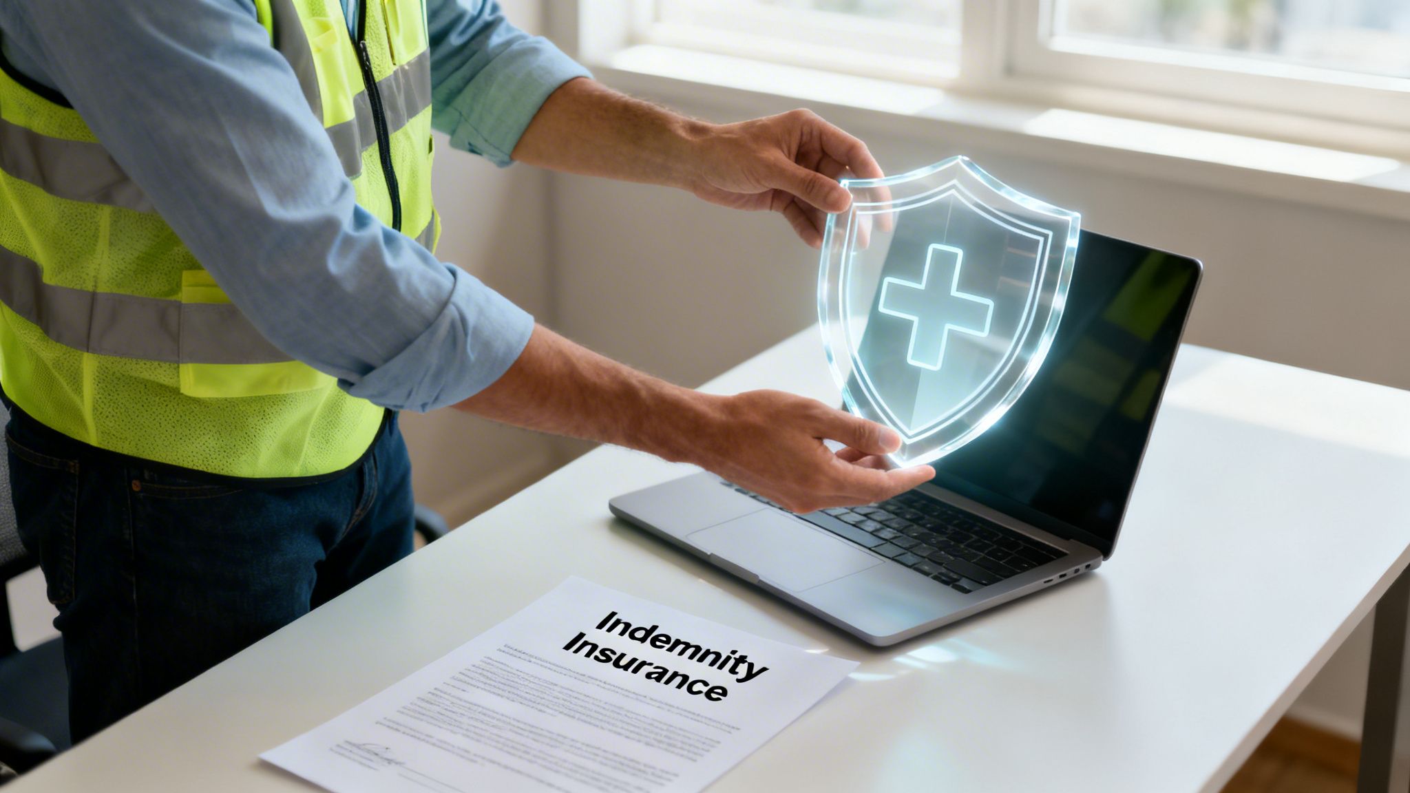 A professional in a safety vest holds a glowing digital health shield above a laptop and indemnity insurance document.