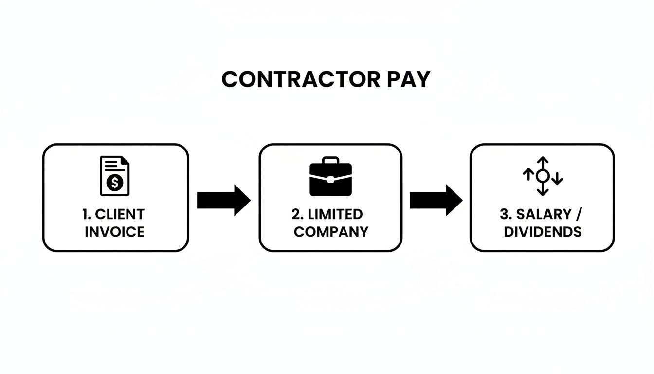 Flowchart illustrating the contractor pay process: client invoice, limited company, then salary or dividends.