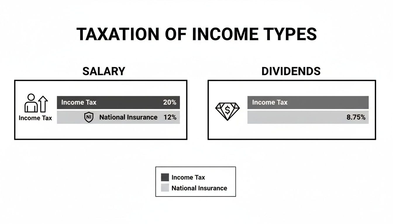 Comparison chart detailing income tax and national insurance rates for salary and dividends.