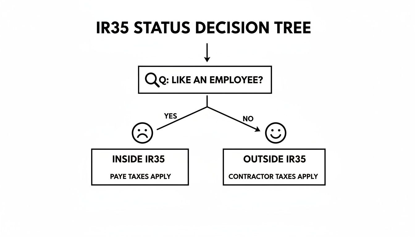 IR35 decision tree flowchart illustrating tax implications based on employment status.