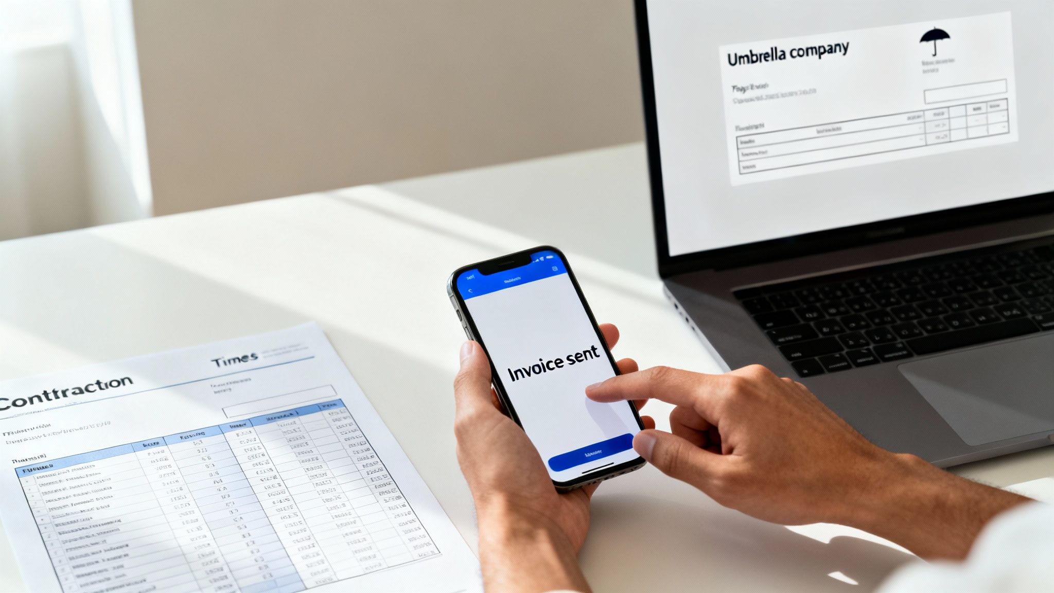 A person's hands holding a smartphone displaying 'Invoice sent', with a laptop and documents on a desk.