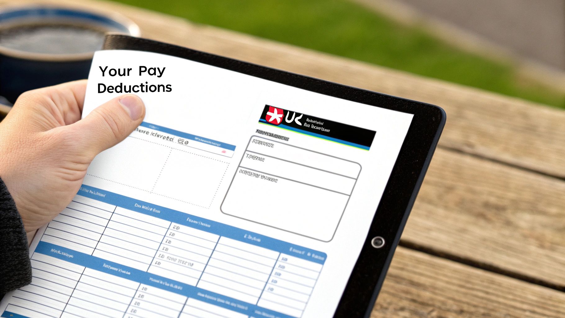 A magnifying glass hovering over a payslip, highlighting the deductions for tax and National Insurance.