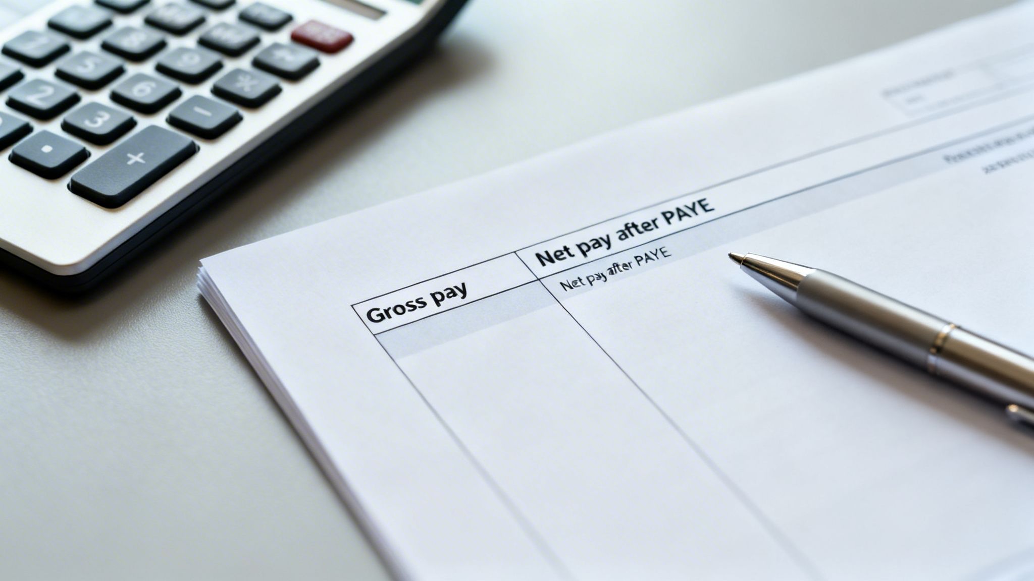 Close-up of a calculator, a pen, and a document showing 'Gross pay' and 'Net pay after PAYE'.