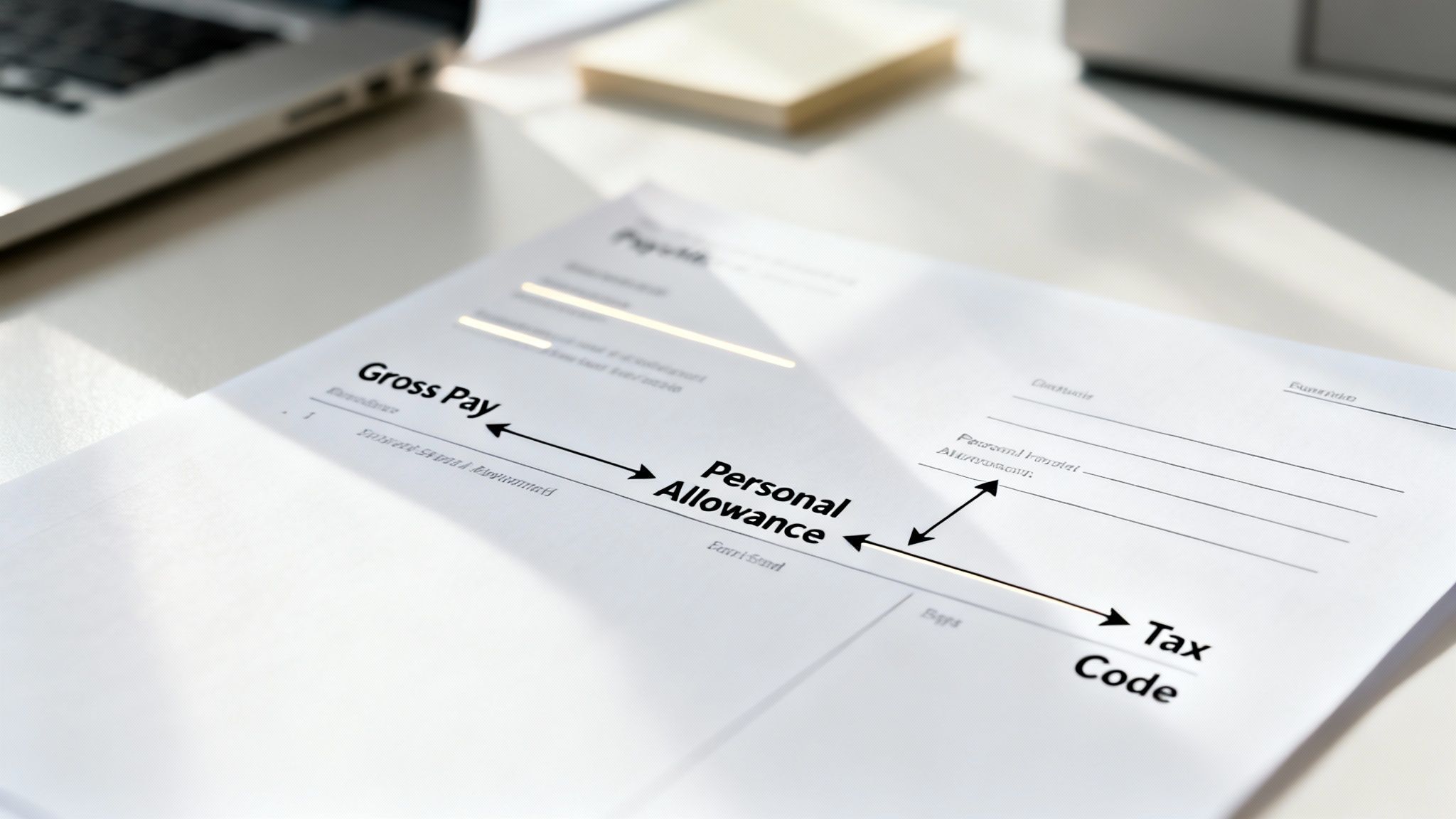 A document displaying a diagram that illustrates the calculation flow from Gross Pay to Tax Code via Personal Allowance.