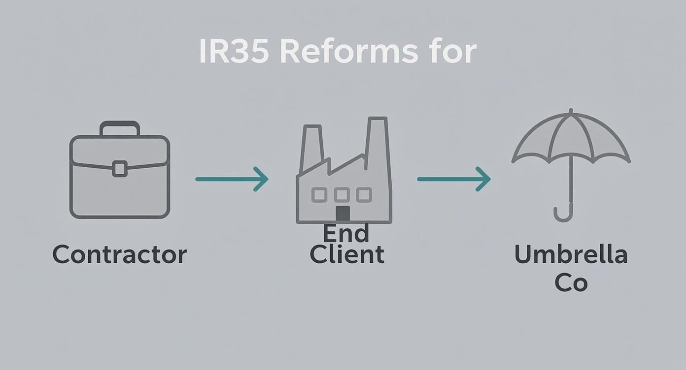 Diagram showing IR35 reforms workflow from contractor through end client to umbrella company with arrows