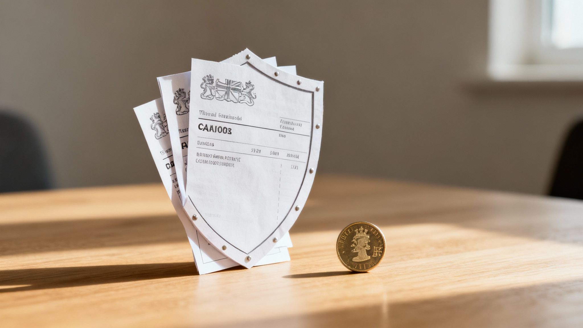 FCSA umbrella company compliance documents displayed with British coin on wooden desk