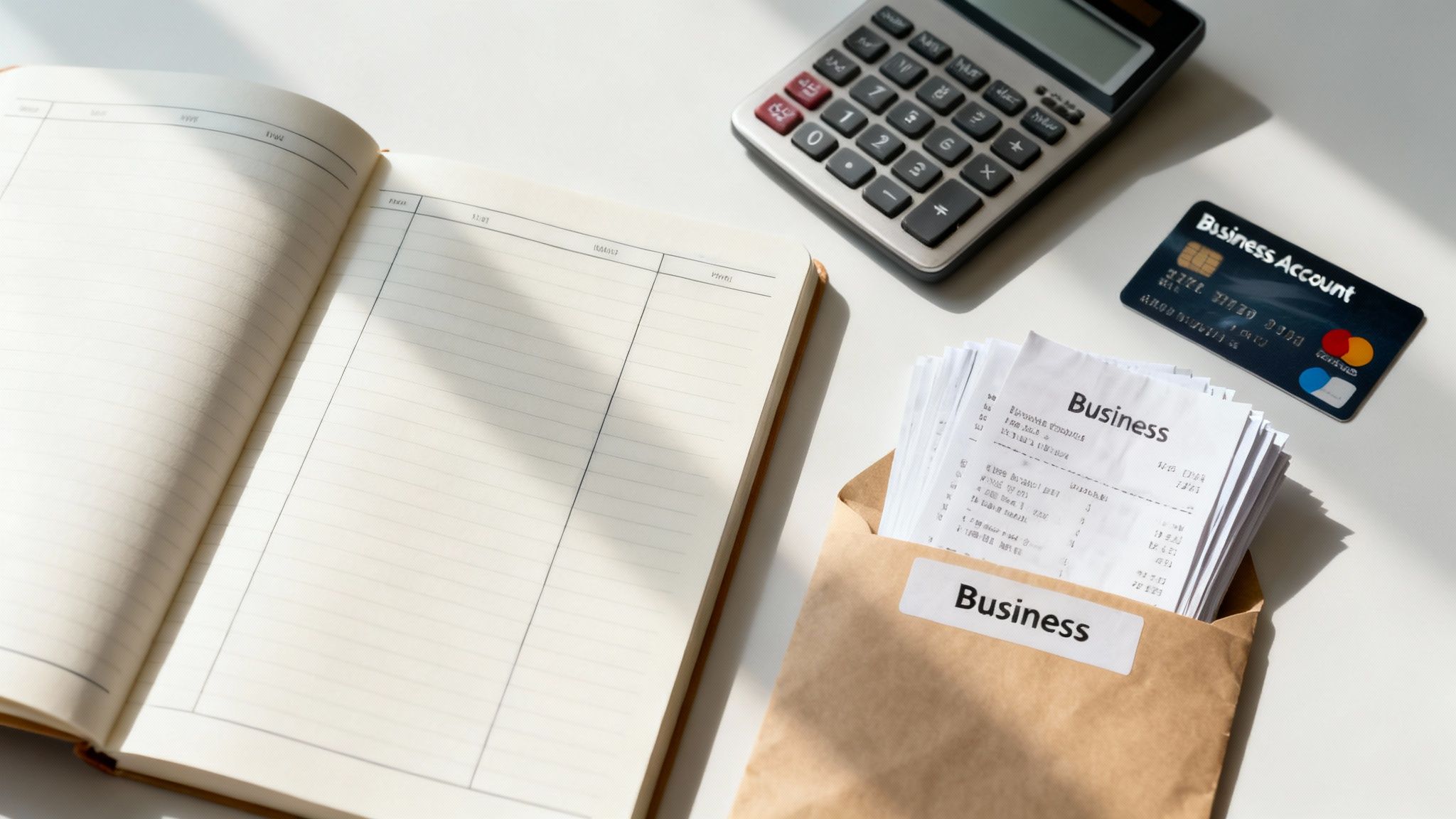 Desk setup with financial tools like a calculator, business credit card, ledger, and receipts.