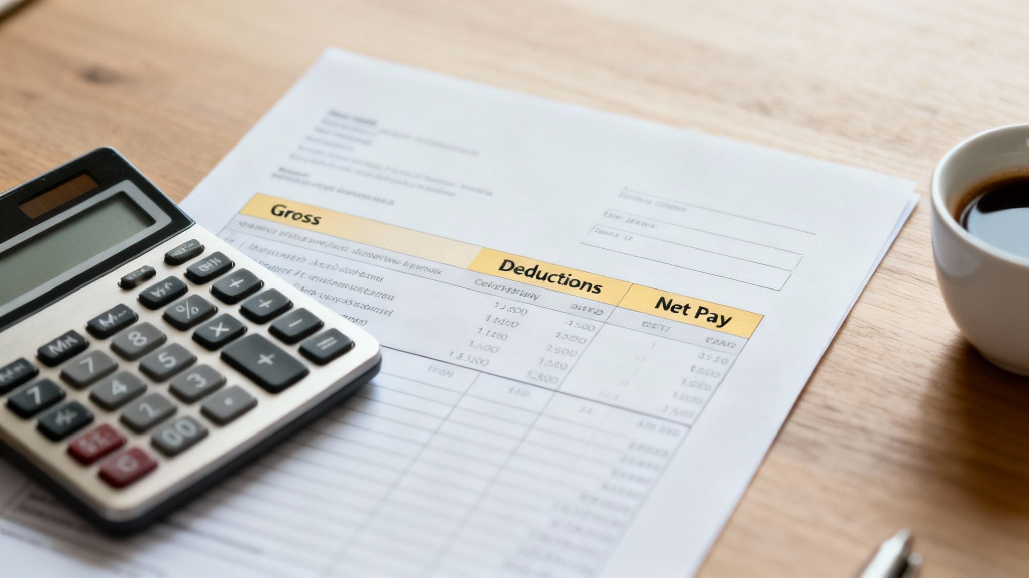 A close-up of a payslip with a calculator and pen, illustrating financial calculations.
