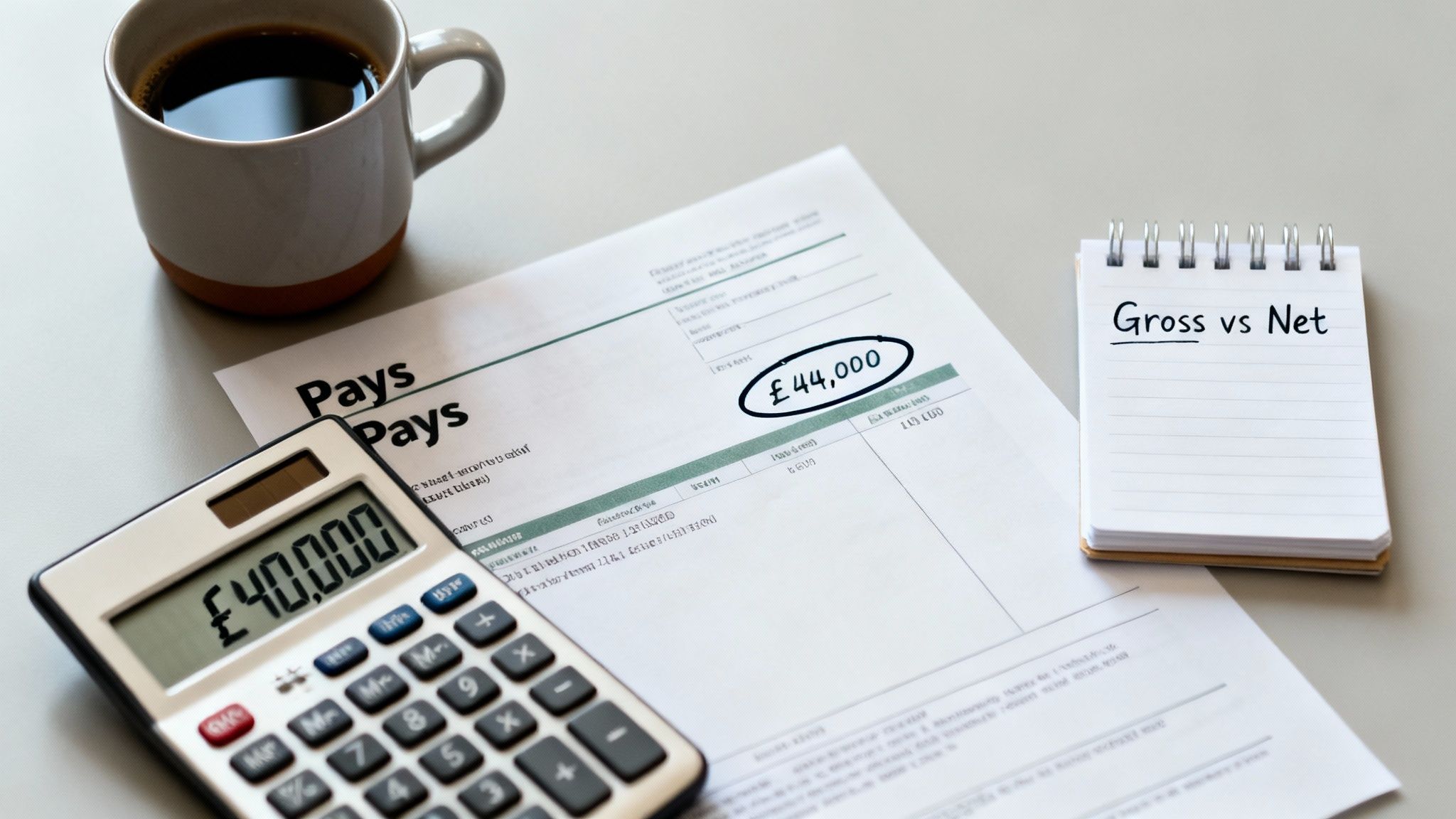 Financial desk setup with a calculator showing £40,000, payslip, coffee, and 'Gross vs Net' notebook.