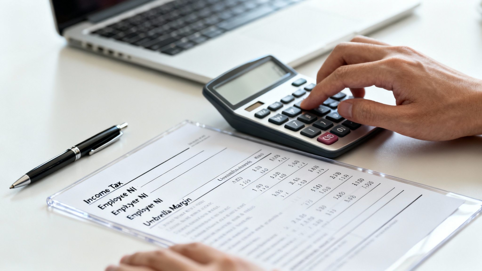 A person's hand using a calculator to review financial documents with tax and margin details, beside a laptop.