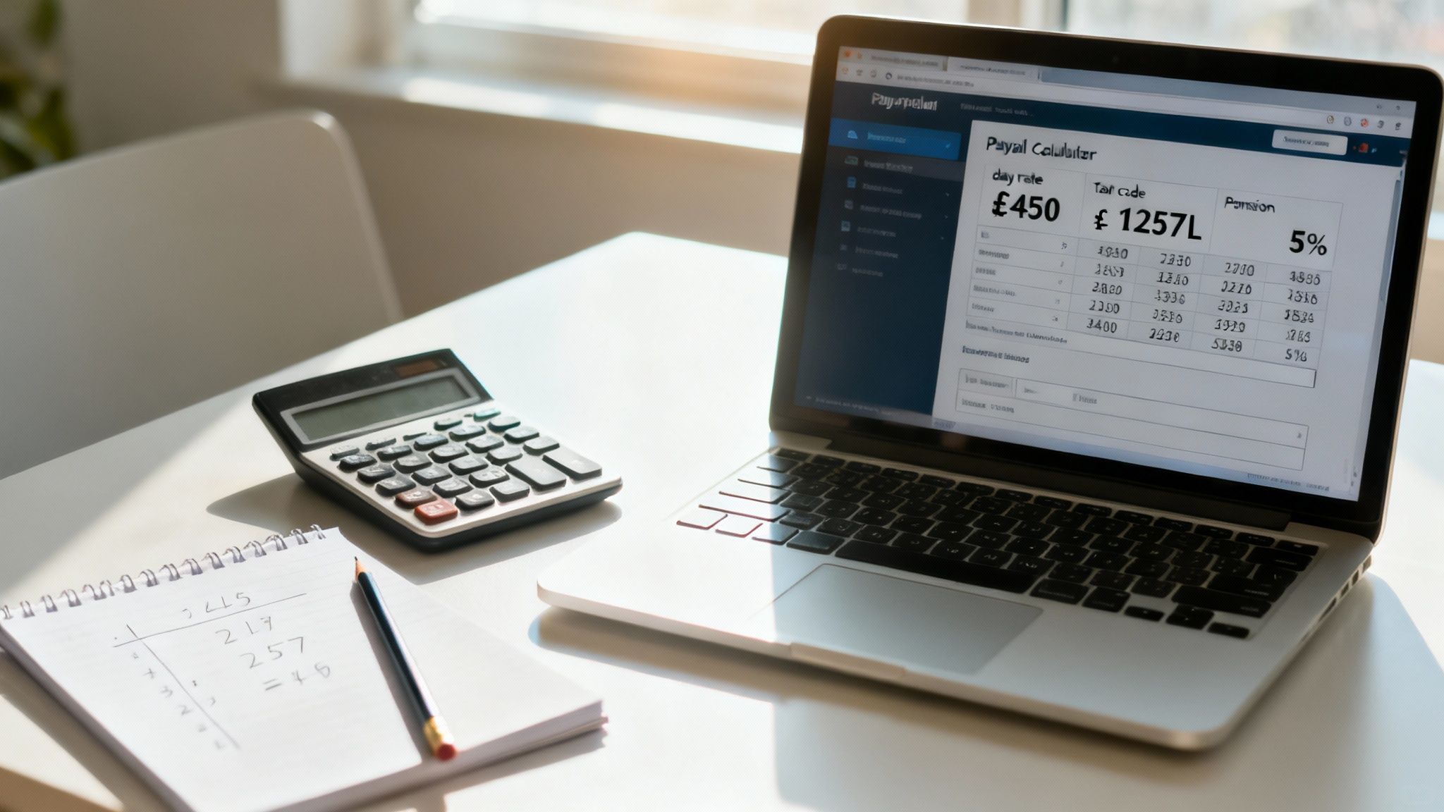 Laptop displaying payroll calculator with tax code and pension deductions alongside calculator and notepad