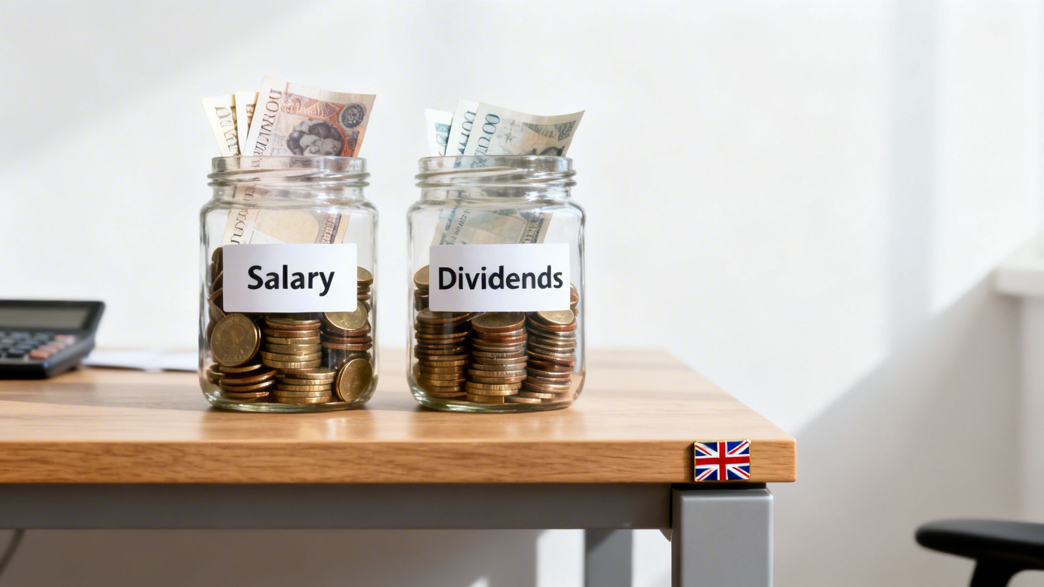 Two glass jars, labeled 'Salary' and 'Dividends', filled with banknotes and coins on a desk.