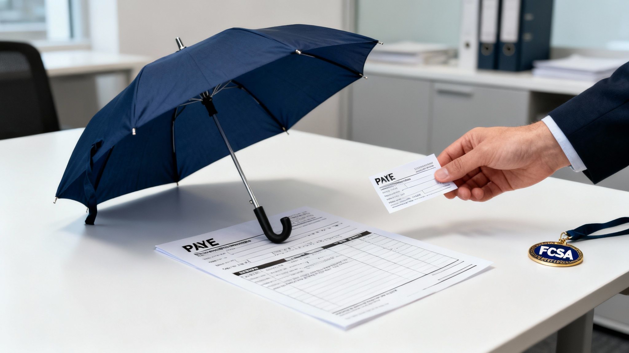 A hand passes a card over a PAYE document and open blue umbrella on a white office desk, with a FCSA medal.