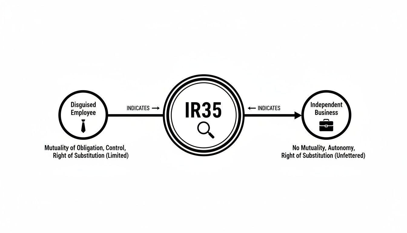 Diagram illustrating IR35 rules, differentiating between disguised employees and independent businesses.