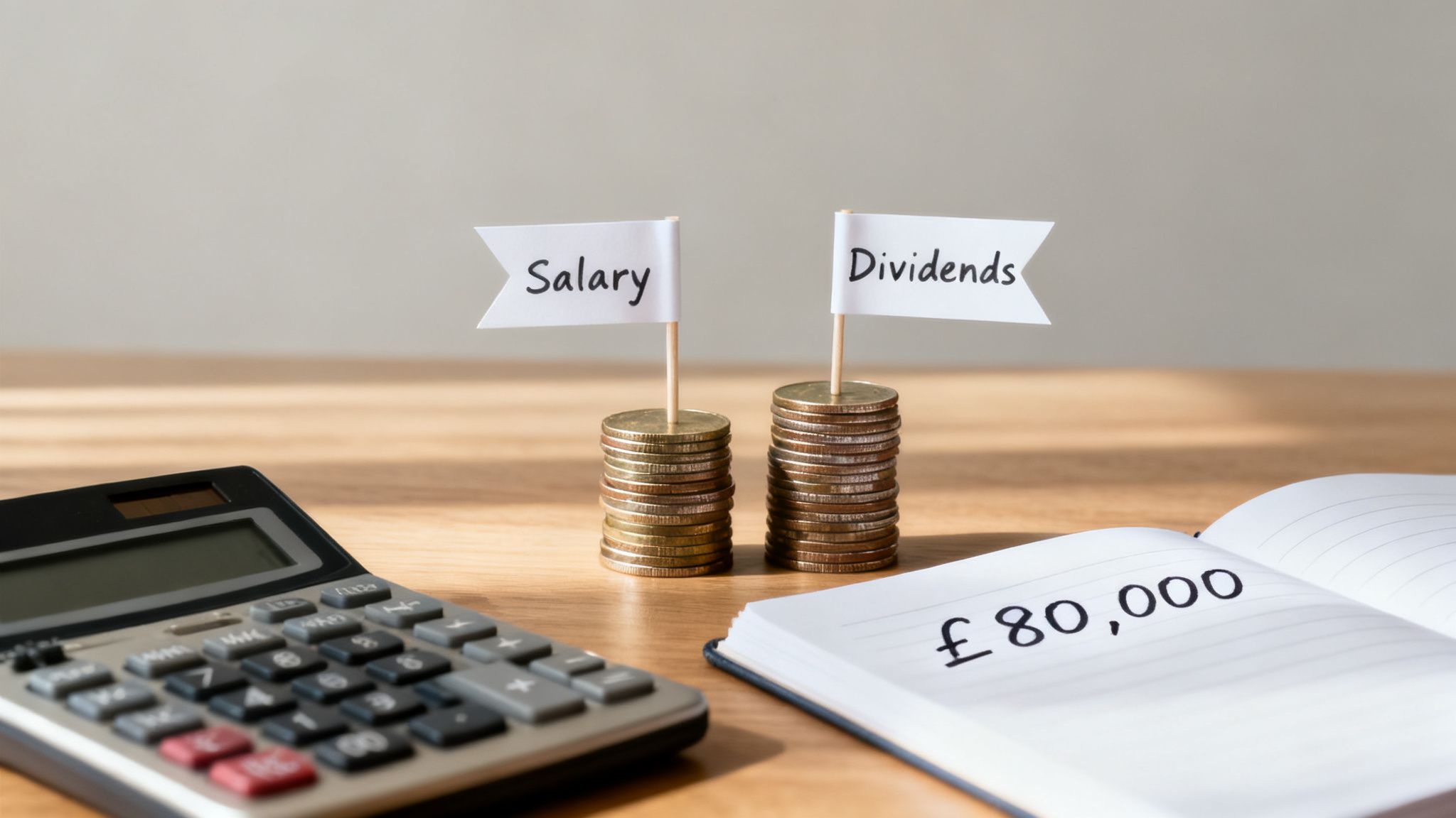 Financial planning setup with calculator, notebook showing £80,000, and coin stacks labeled Salary and Dividends.