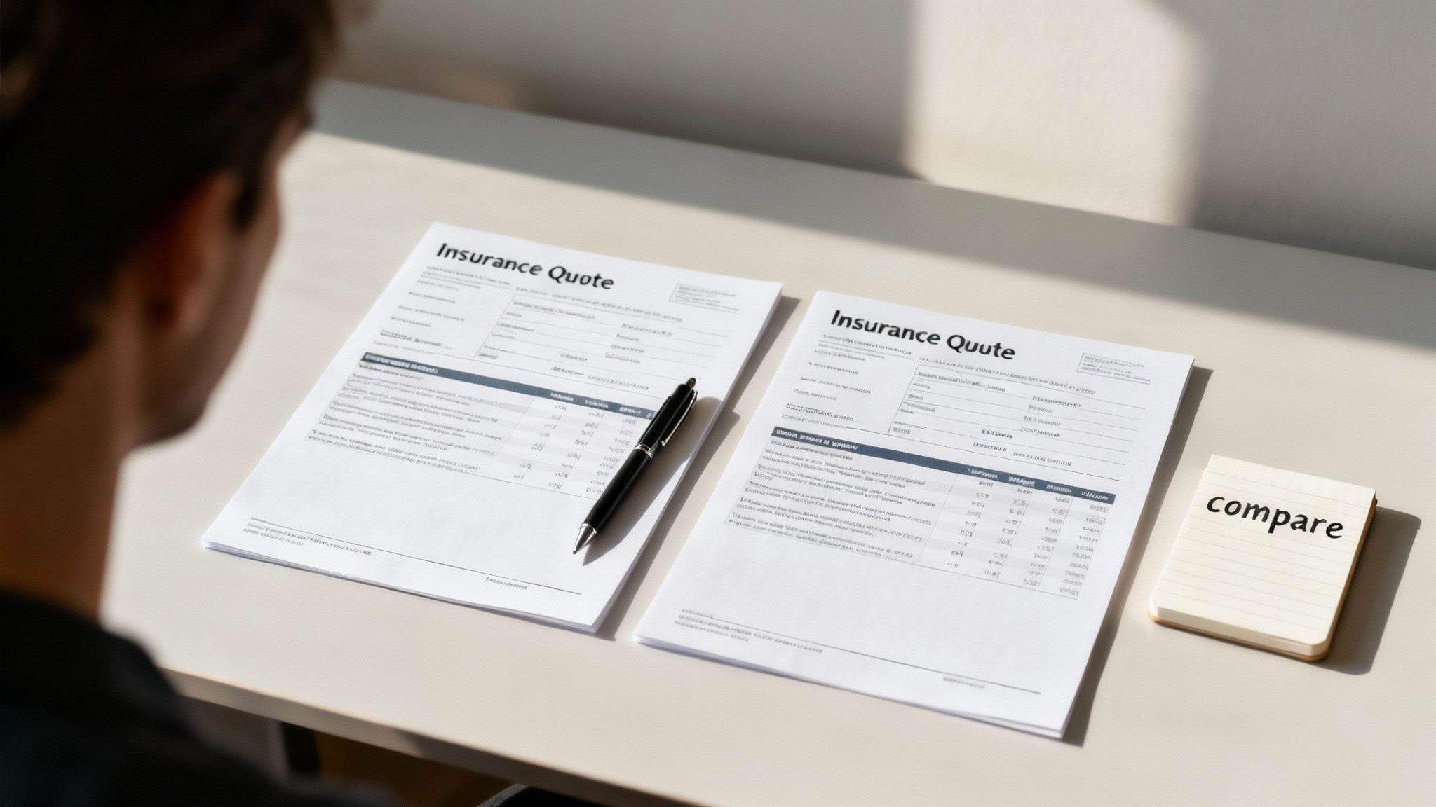 A person at a desk carefully reviewing documents and comparing options on their laptop.
