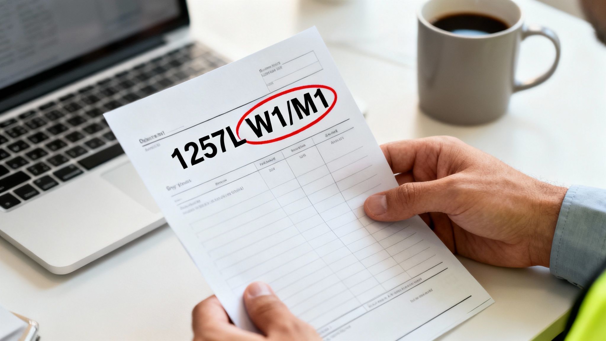Close-up of hands holding a document displaying an emergency tax code '1257L W1/M1'.