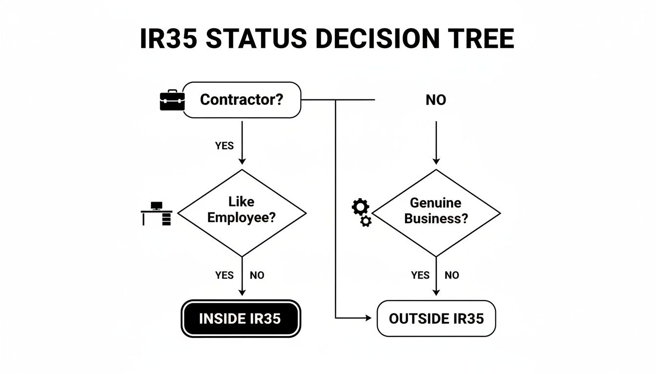 IR35 status decision tree flowchart, guiding contractors to determine their IR35 status as inside or outside.