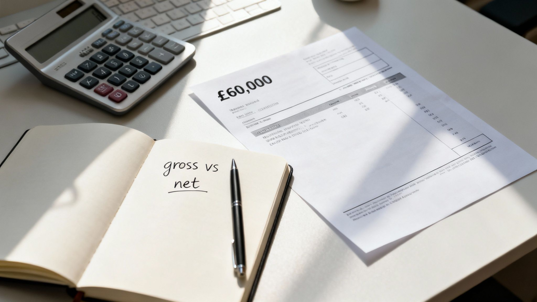 Desk with a calculator, a document displaying £60,000, and a notebook with 'gross vs net'.