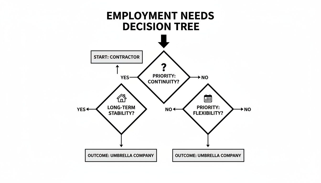 A decision tree flowchart illustrates employment needs, guiding from 'Contractor' to 'Umbrella Company' based on priorities.