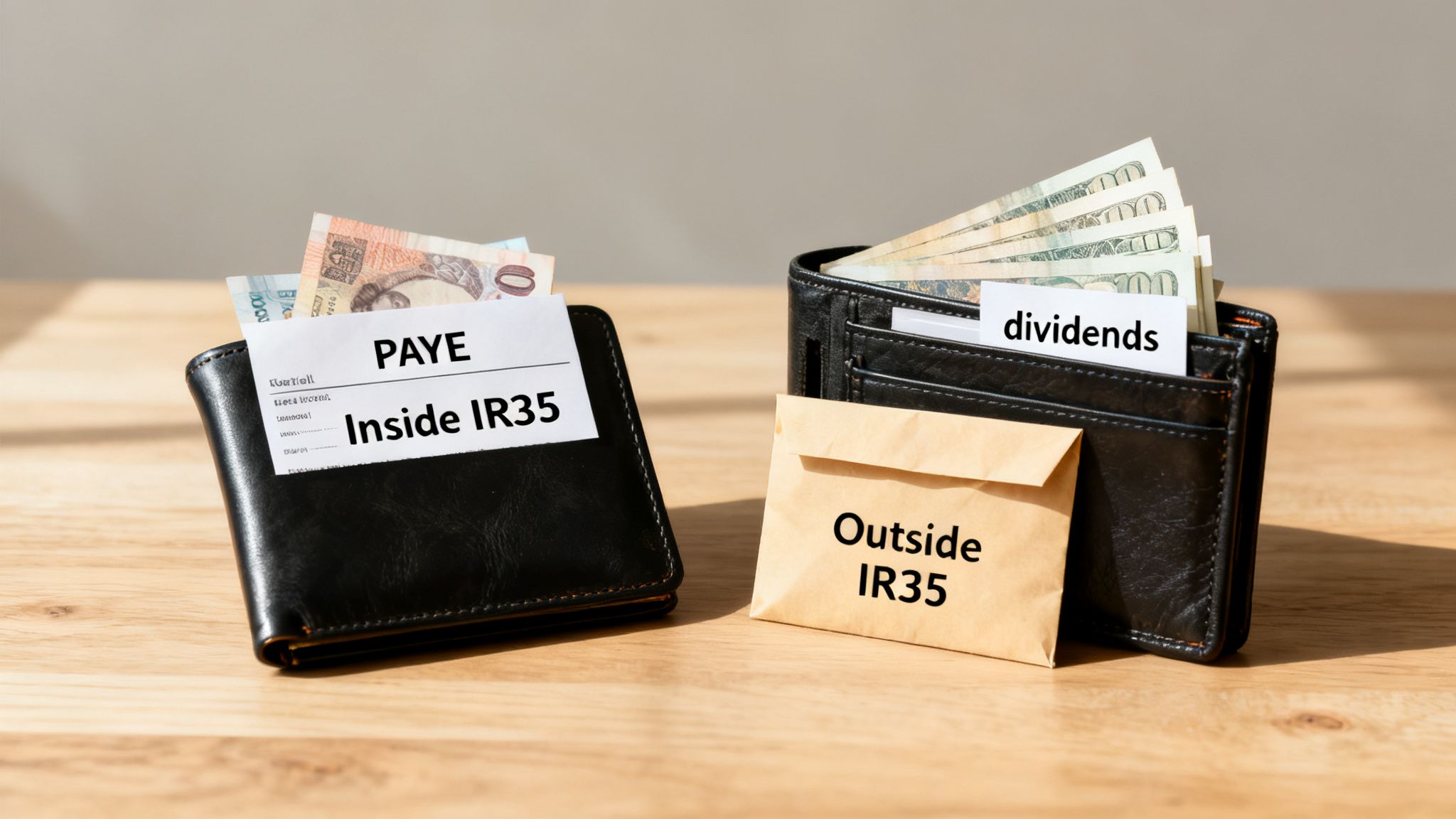 A visual comparison of two wallets representing 'Inside IR35 PAYE' and 'Outside IR35 dividends' on a wooden table.