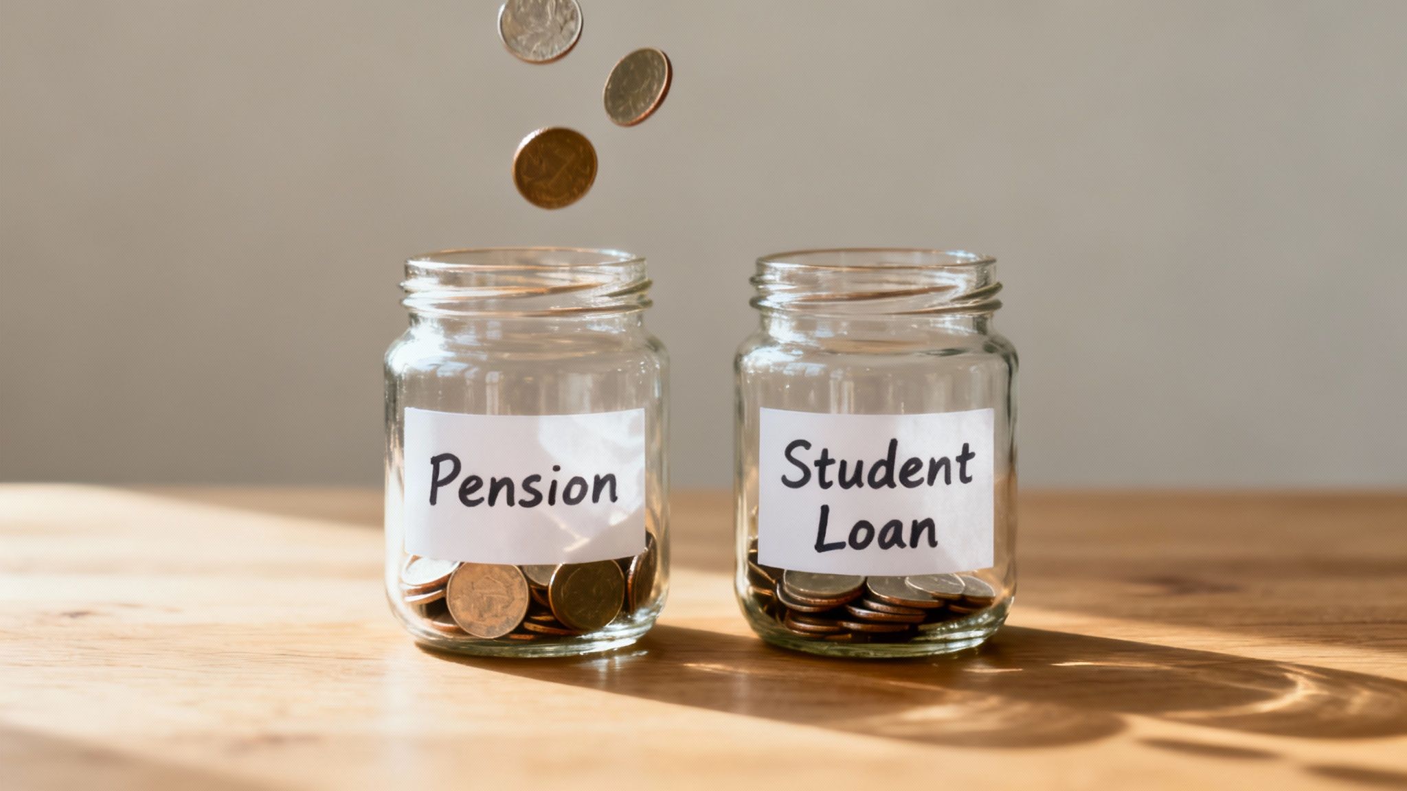 Coins falling into a "Pension" jar next to a "Student Loan" jar filled with coins on a wooden table.