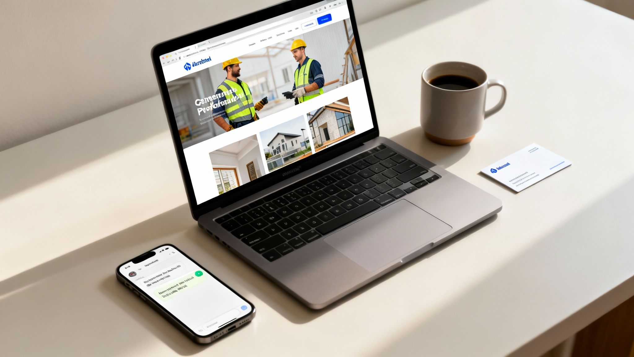 A modern contractor's desk setup with a laptop showing a construction website, a smartphone, coffee, and a business card.