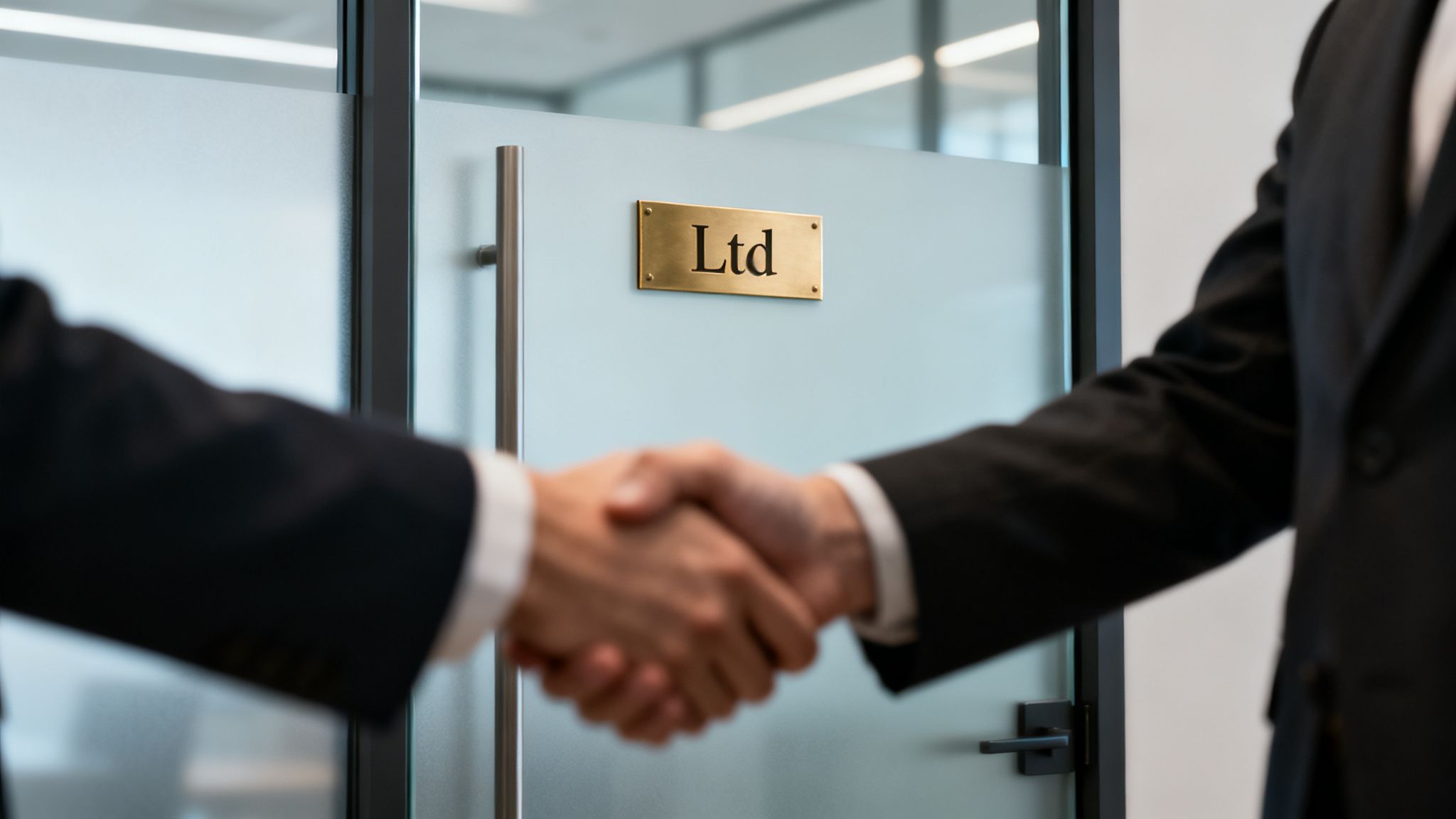 Two businessmen shake hands in front of a frosted office door with a "Ltd" plaque, symbolizing a business agreement.