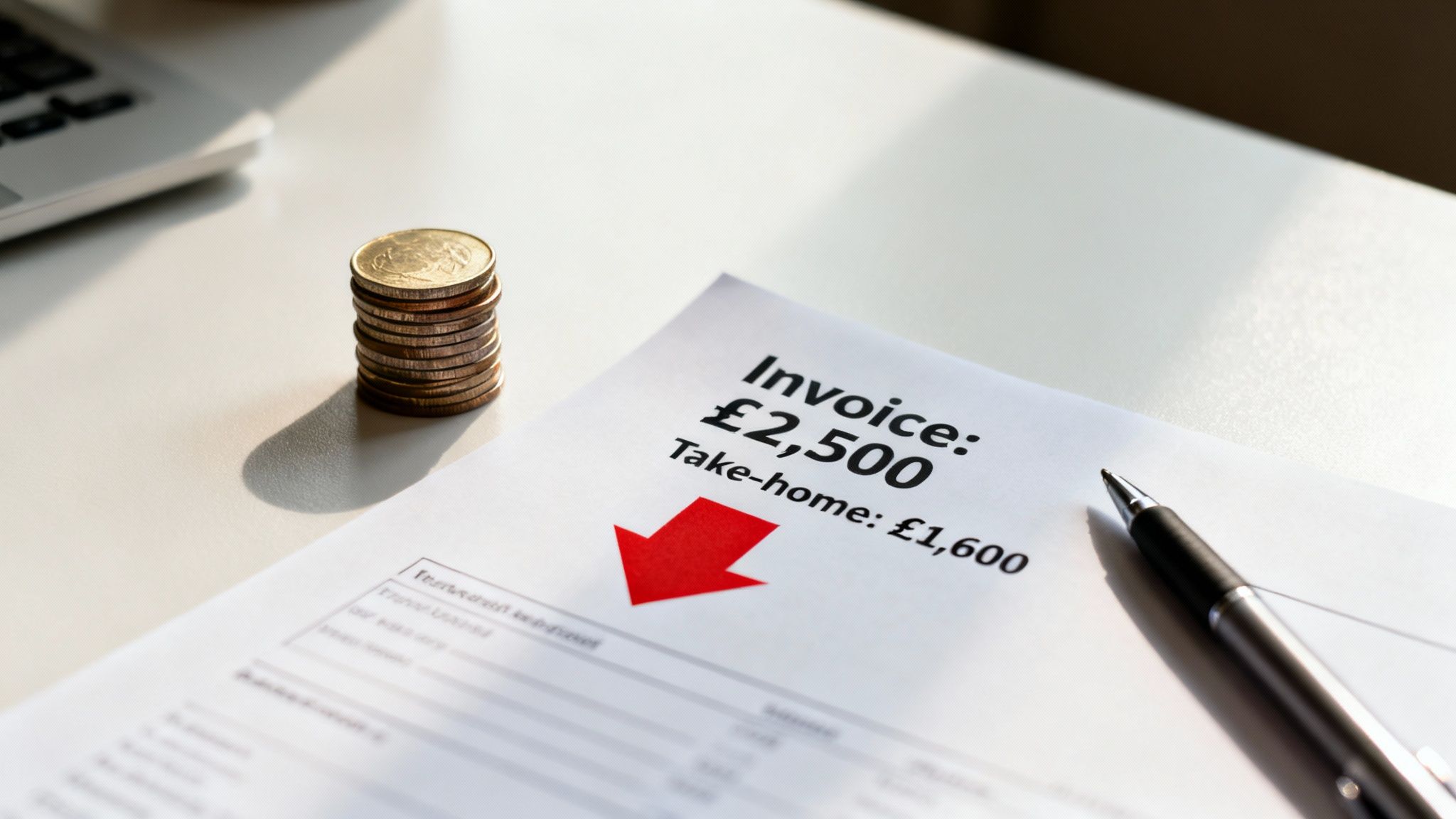 Invoice for £2,500, take-home £1,600, with coins and a pen, illustrating financial deductions.
