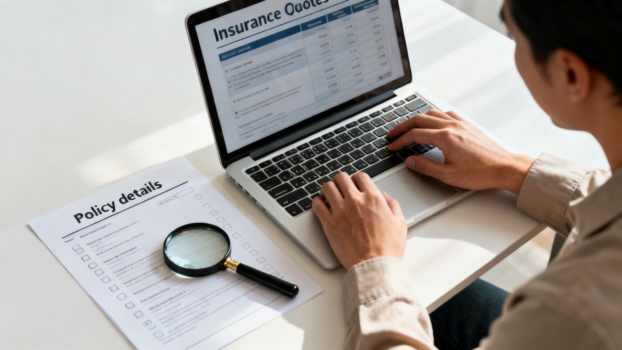 Person researching insurance quotes on a laptop, with policy details and a magnifying glass on the desk.