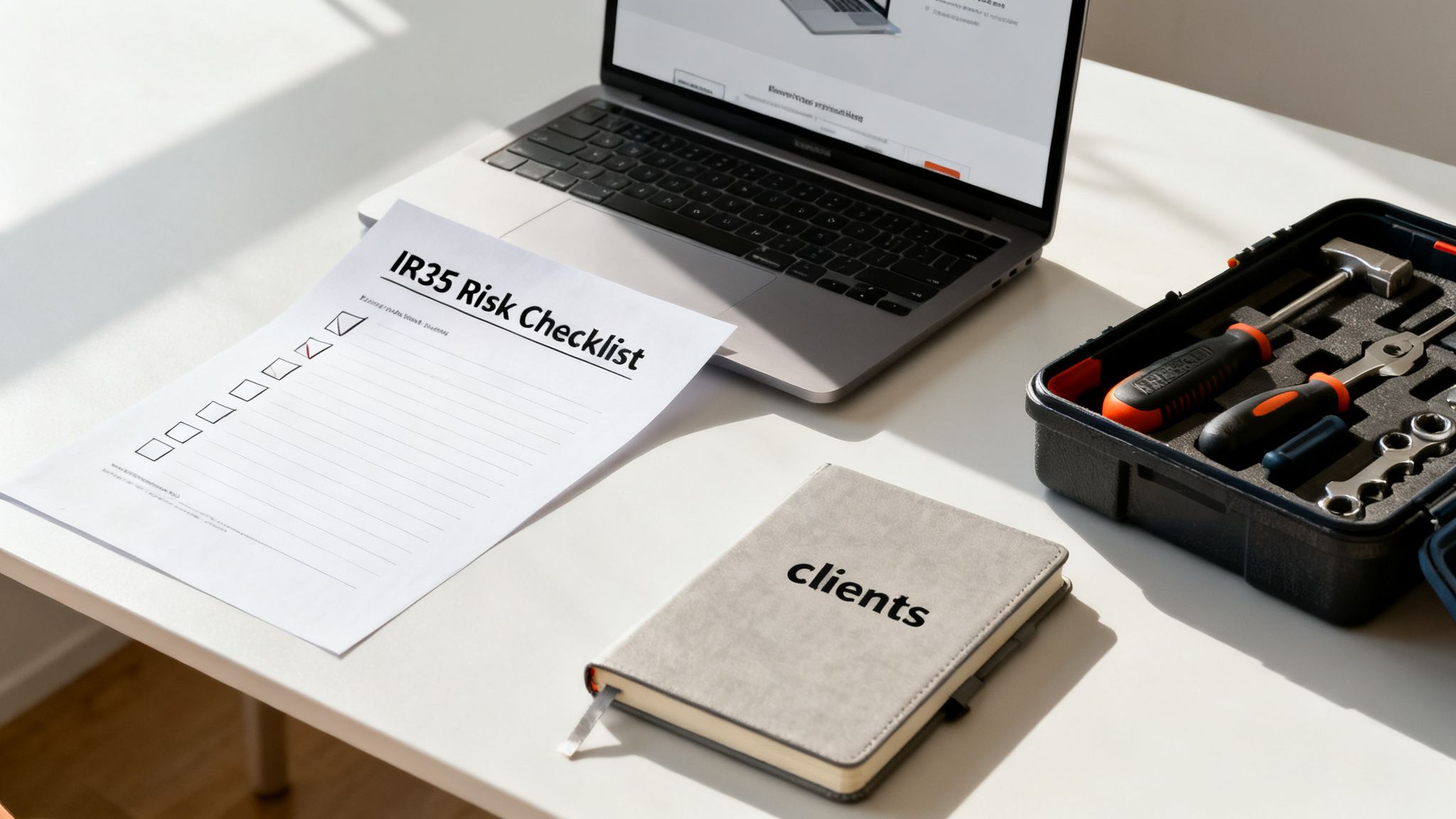 A desk with a laptop, an IR35 Risk Checklist, a 'clients' notebook, and a toolbox.