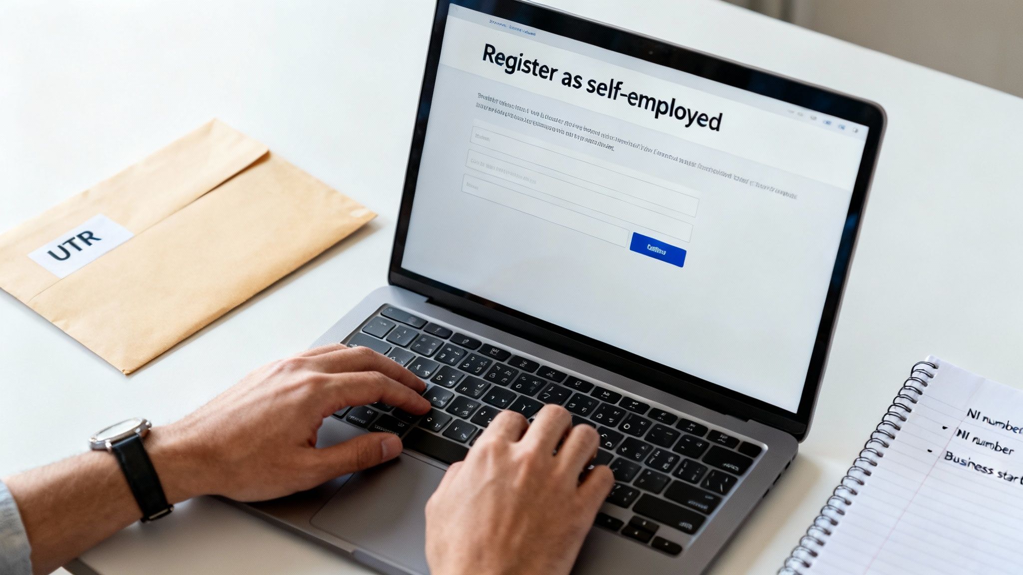 A person types on a laptop showing a "Register as self-employed" form, with a UTR envelope and a notebook nearby.