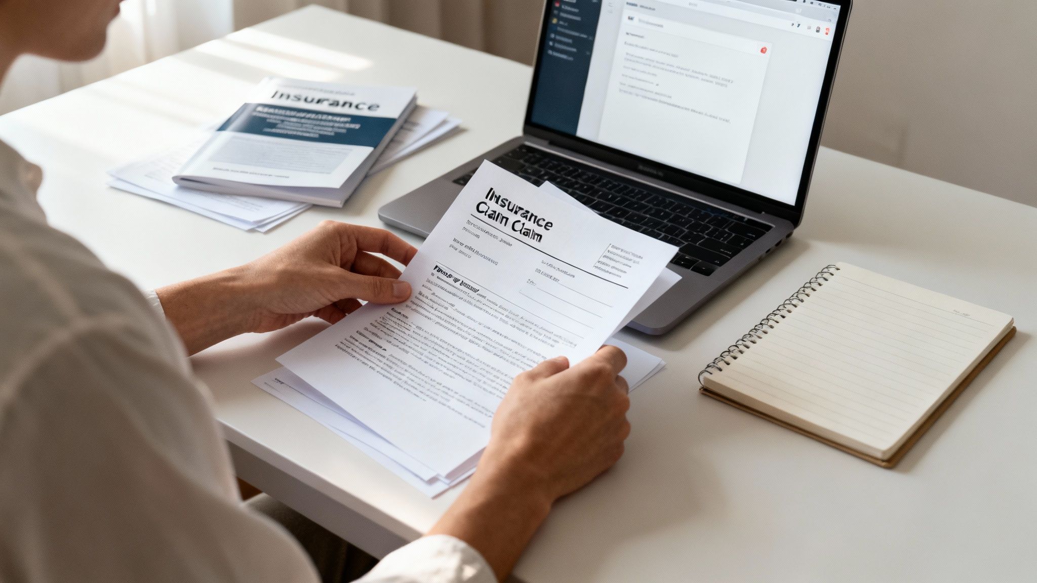 Close-up of a person reviewing an 'Insurance Claim' form at a desk with a laptop and documents.
