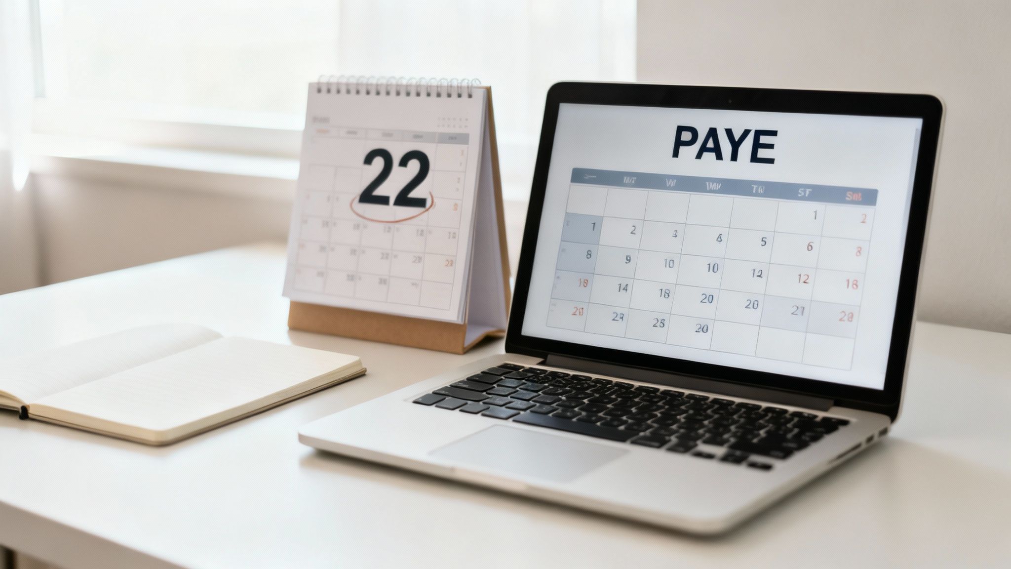 A desk setup with a laptop showing a calendar, a physical calendar circled on the 22nd, and an open notebook.