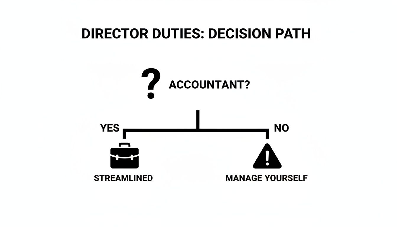 A flowchart detailing director duties and decision path for hiring an accountant.