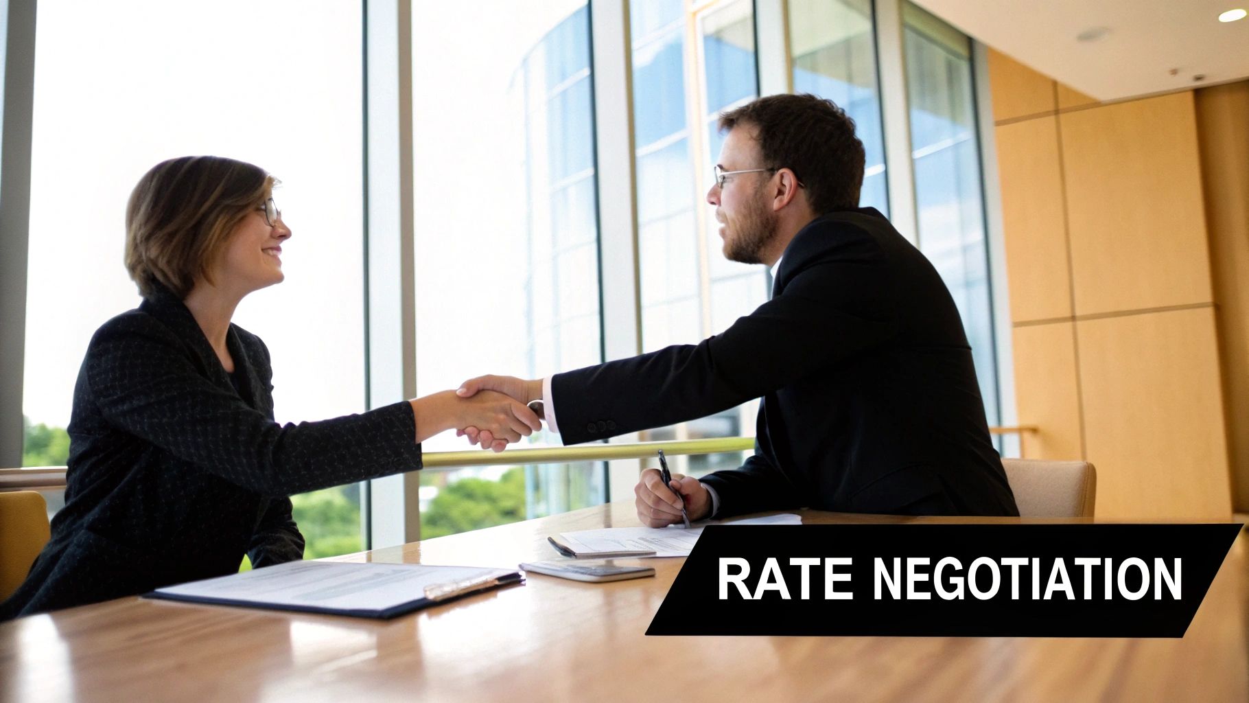 A contractor confidently negotiating their day rate with a client