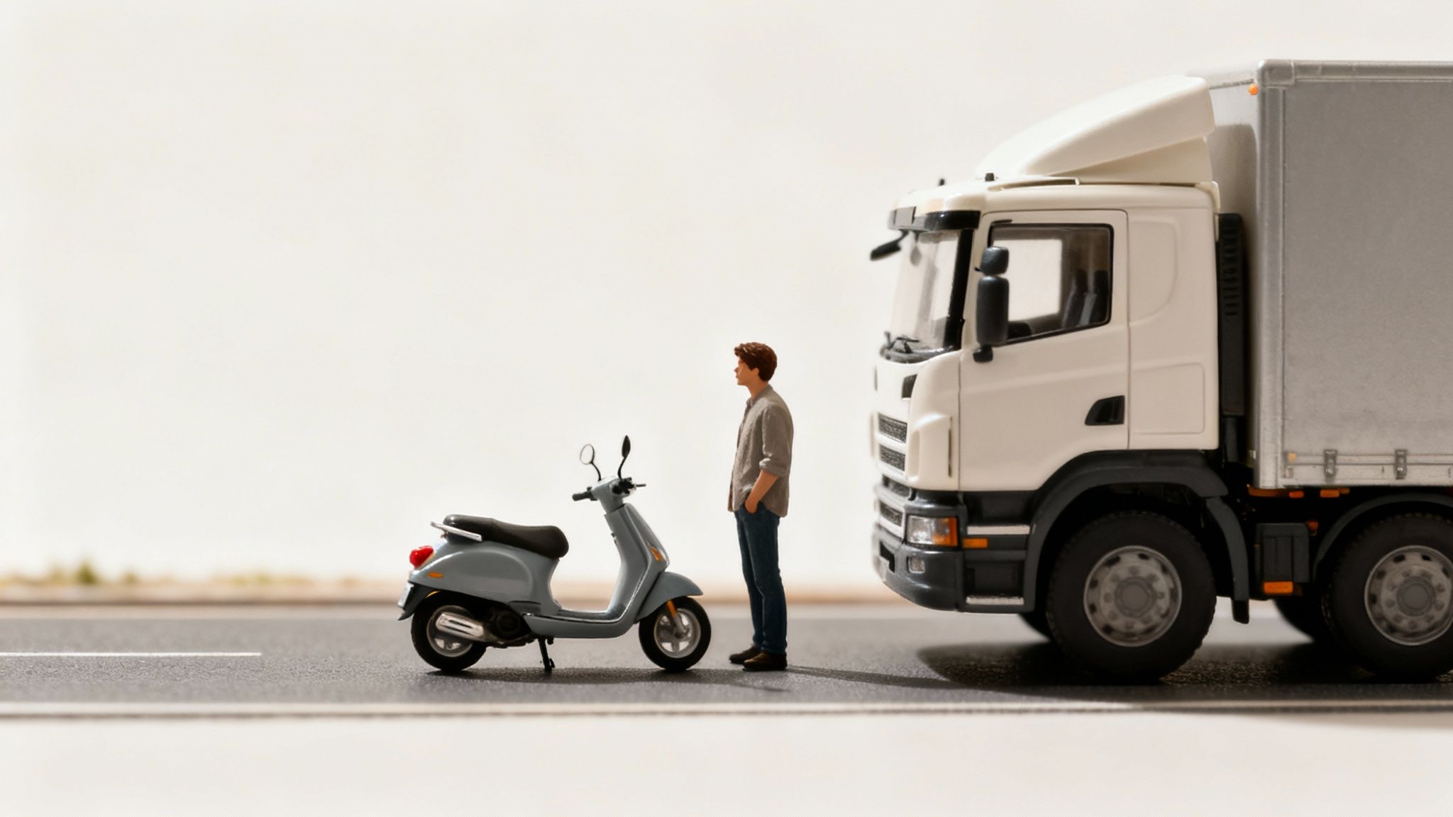 Miniature man on a road next to a scooter, looking at a large delivery truck.